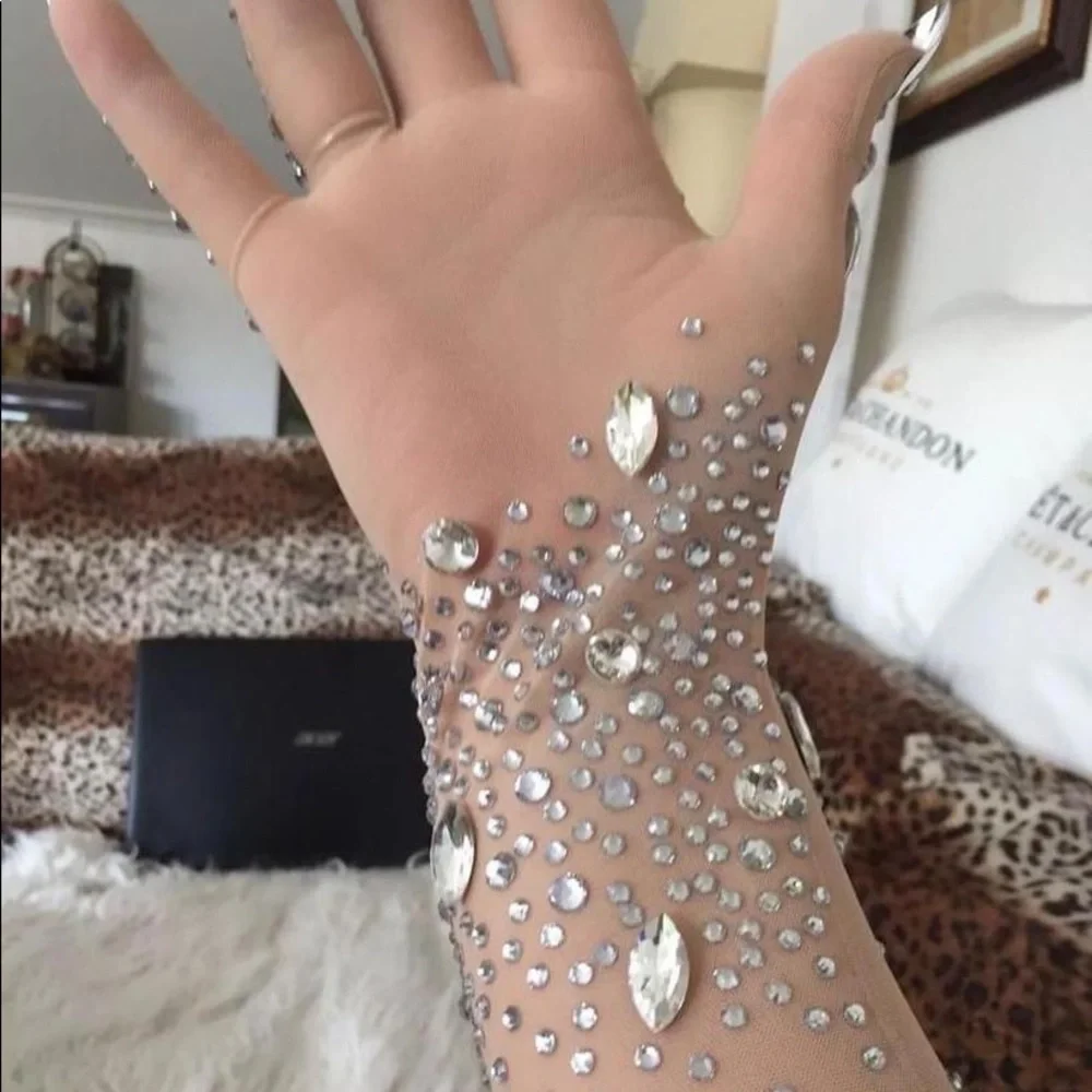 Rhinestones Spandex Elbow Length Gloves Crystals Embellished Long Mittens - Picture 7 of 9